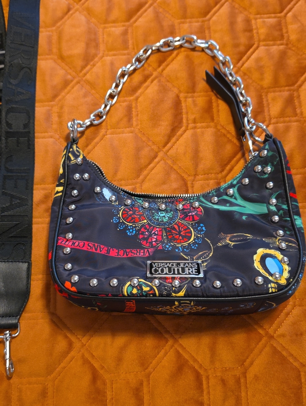 Versace Jeans Collection Black Multicolor Baroque Studded Shoulder Bag